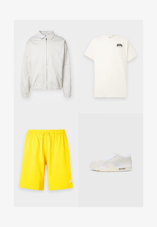 Biała, lekka kurtka Nike z kołnierzykiem, zamek błyskawiczny z przodu, elastycznymi mankietami oraz małym logo na lewej piersi. Gładka faktura.; Beżowa bawełniana koszulka z krótkim rękawem, z napisem "NIKE SB" w czarnym i czerwonym kolorze na klatce piersiowej. Klasyczny okrągły dekolt.; Żółte spodenki sportowe z elastycznym pasem, sznurkiem do regulacji i małym białym logo po lewej stronie na dole. Miękka, mieszana tkanina.; Sneakers z lekkim beżowym syntetycznym wierzchem, białymi sznurówkami i widocznymi amortyzacjami. Posiadają gładką podeszwę i subtelne akcenty po bokach.