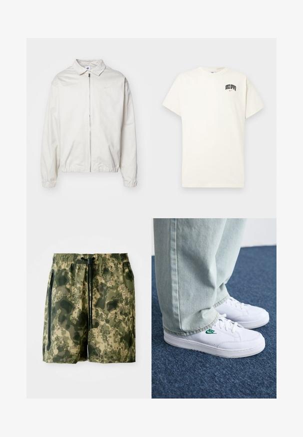 Fehér, könnyű Nike dzseki, galléros nyakkal, elöl cipzárral, elasztikus mandzsettákkal és kis logóval a bal melle részén. Simaszerű textúra.; Krém színű pamut póló rövid ujjakkal, fekete és piros "NIKE SB" felirattal a mellkasán. Standard kerek nyakkivágással.; Zöld árnyalatú álcázó fürdőnadrág, könnyű anyagból készült, elasztikus derékpánttal, zsinórral és oldalsó zsebekkel.; Fehér bőr sportcipők zöld Nike logóval, kerek orral, lapos talppal, világoskék farmernadrággal párosítva, kék szőnyegen bemutatva.