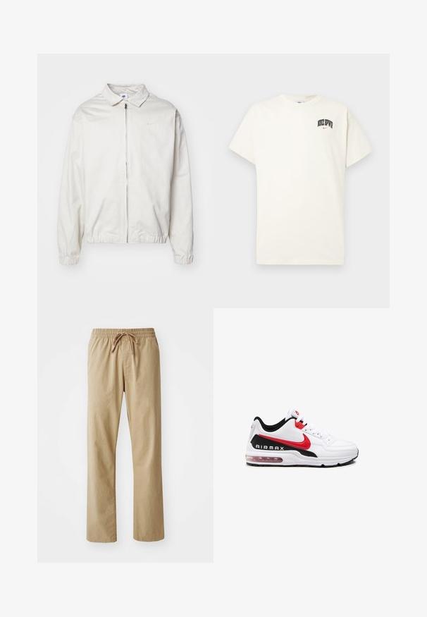 White, lightweight Nike jacket with a collared neckline, front zipper, elastic cuffs, and a small logo on the left chest. Smooth texture.; Cream-colored cotton t-shirt with short sleeves, featuring "NIKE SB" in black and red text on the chest. Standard round neckline.; Light beige trousers with an elastic waistband and drawstring. Made of soft fabric, featuring straight legs and a smooth texture.; White athletic shoe with black and red accents, featuring a smooth leather upper, lace-up front, and visible air cushioning in the sole.