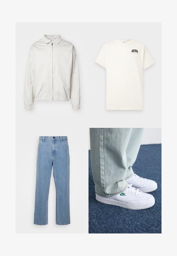 Fehér, könnyű Nike dzseki, galléros nyakkal, elöl cipzárral, elasztikus mandzsettákkal és kis logóval a bal melle részén. Simaszerű textúra.; Krém színű pamut póló rövid ujjakkal, fekete és piros "NIKE SB" felirattal a mellkasán. Standard kerek nyakkivágással.; Világoskék farmernadrág egyenes lábszárral, gombos záródással és övtartókkal. Az anyag enyhe elhalványodott textúrával rendelkezik.; Fehér bőr sportcipők zöld Nike logóval, kerek orral, lapos talppal, világoskék farmernadrággal párosítva, kék szőnyegen bemutatva.