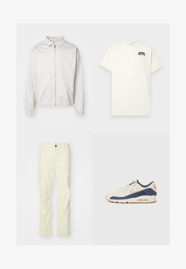 Hvit, lett Nike-jakke med kragehals, glidelås foran, elastiske mansjetter og en liten logo på venstre bryst. Glatt tekstur.; Kremfarget bomull t-skjorte med korte ermer, med "NIKE SB" i svart og rødt trykk på brystet. Standard rund halslinning.; Beige cargo-bukser laget av lett materiale, med sidelommer, knappelukking og rette ben. Jevn tekstur med skreddersydde sømmer.; Sko med overdel i kremfarget lær og marineblå semsket skinn, med synlig luftsåle, beige gummisåle og rød detalj på hælen.
