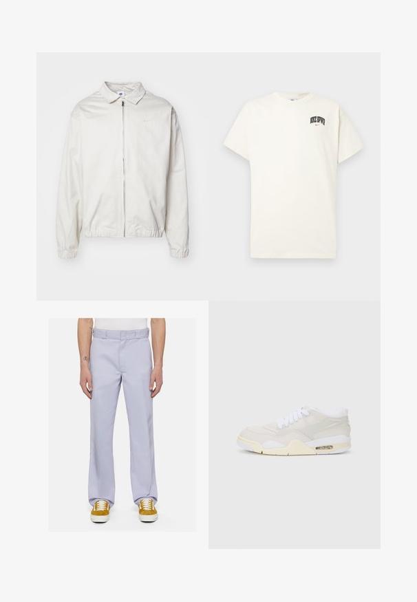 White, lightweight Nike jacket with a collared neckline, front zipper, elastic cuffs, and a small logo on the left chest. Smooth texture.; Cream-colored cotton t-shirt with short sleeves, featuring "NIKE SB" in black and red text on the chest. Standard round neckline.; Light lavender pants made of smooth fabric, featuring a straight-leg cut, stitched waistband, and minimalistic design, paired with white sneakers.; Sneakers with a light beige synthetic upper, white laces, and visible cushioning. Features a smooth sole and subtle side accents.