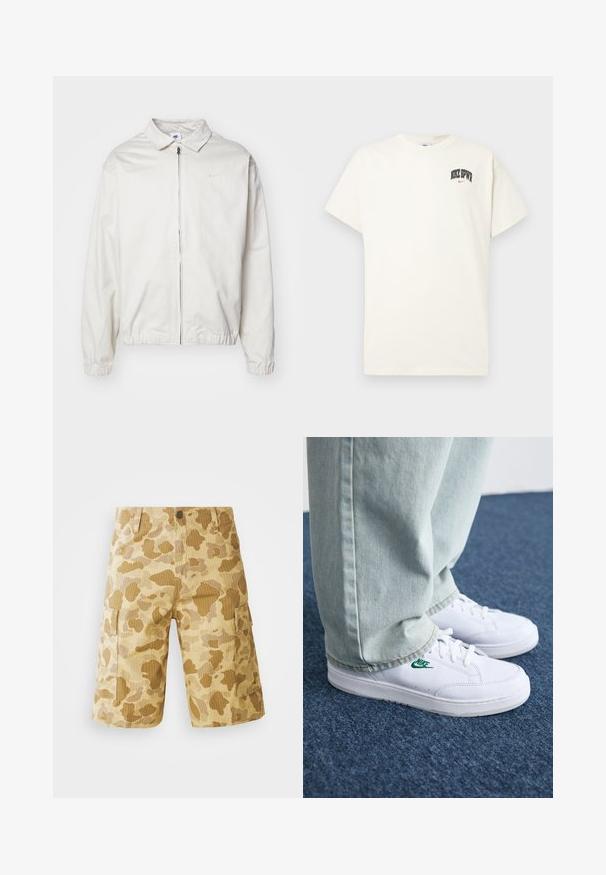 Veste Nike blanche et légère avec un col, fermeture éclair à l'avant, poignets élastiques et un petit logo sur la poitrine gauche. Texture lisse.; T-shirt en coton couleur crème à manches courtes, avec "NIKE SB" en texte noir et rouge sur la poitrine. Col rond standard.; Shorts cargo beiges avec un motif camouflage dans des nuances de brun, présentant des poches latérales, une taille à boutons et une texture à côtes verticales.; Baskets en cuir blanc avec logo Nike vert, bout rond, semelle plate, associées à un pantalon en denim bleu clair, présentées sur un tapis bleu.