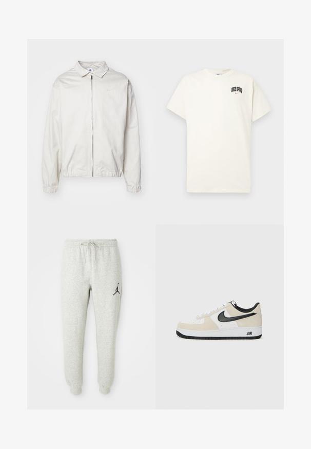 Casaco Nike branco e leve, com gola, fecho frontal, punhos elásticos e um pequeno logótipo no lado esquerdo do peito. Textura suave.; T-shirt de algodão na cor creme com mangas curtas, apresentando "NIKE SB" em texto preto e vermelho no peito. Gola redonda padrão.; Sweatpants cinzentos com cintura elástica e cordão, apresentando um logo Jumpman preto na perna esquerda, feitos de um tecido macio e texturizado.; Sapatilhas com parte superior em camurça bege claro e couro branco, swoosh da Nike em preto, detalhes em preto e uma sola de borracha branca com a marca "AIR".