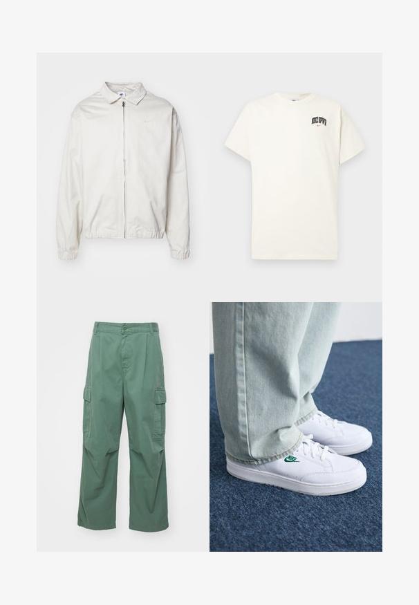 Giacca Nike bianca, leggera, con colletto, zip frontale, polsini elasticizzati e un piccolo logo sul lato sinistro del petto. Texture liscia.; T-shirt in cotone color crema con maniche corte, con la scritta "NIKE SB" in nero e rosso sul petto. Collo tondo standard.; Pantaloni cargo verdi in cotone, con una vestibilità ampia, gambe larghe e tasche laterali. Il tessuto ha una texture liscia senza fantasie.; Sneakers in pelle bianca con logo Nike verde, punta rotonda, suola piatta, abbinati a pantaloni in denim azzurro, mostrati su un tappeto blu.