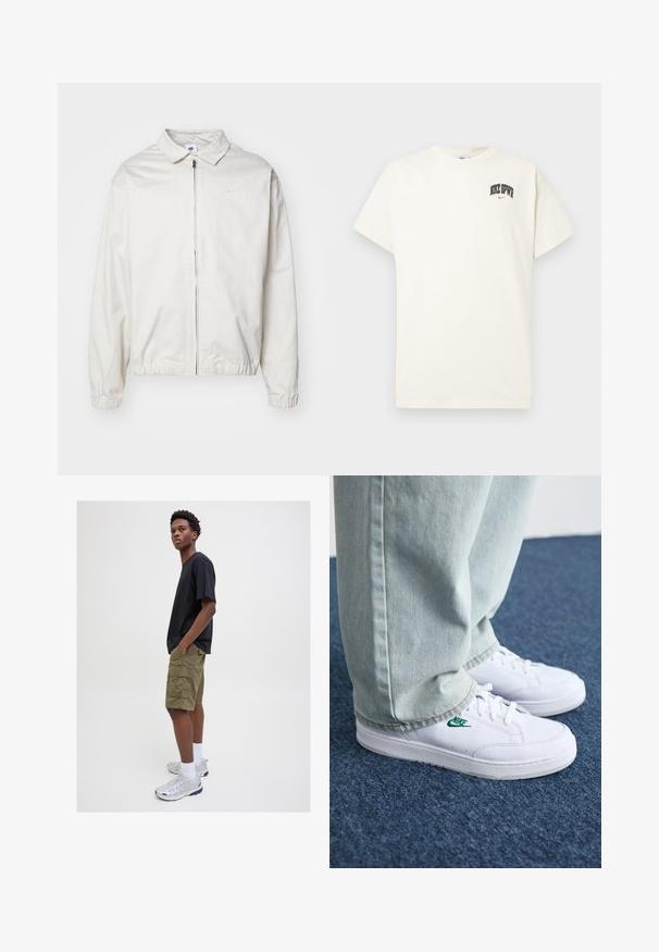 Valge, kerge Nike jakk, milles on krae, ees lukk, elastsed mansetid ja väike logo vasakul rinnal. Sile tekstuur.; Kreemivalge puuvillane t-särk lühikeste varrukatega, millel on rinnal musta ja punase tekstiga "NIKE SB". Tavaline ümmargune kaelus.; Mustanud lühikeste varrukatega t-särk, oliivrohelised kotišortsid taskutega, valged alukotid ja hõbedased spordijalatsid, seismas neutraalse taustaga.; Valged nahast tennisetossud rohelise Nike logo ja ümarate varvastega, lamedate taldadega, koos helesiniste teksapükstega, esitatud sinisel vaibal.