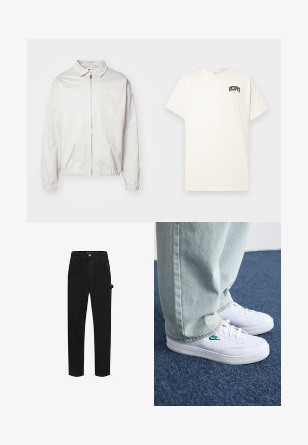 Bela, lahka Nike jakna z ovratnikom, sprednjim zadrgo, elastičnimi manšetami in majhnim logotipom na levem prsnem delu. Gladka tekstura.; Kremasta bombažna majica s kratkimi rokavi, z natisnjenim napisom "NIKE SB" v črni in rdeči barvi na prsih. Standardni okrogli izrez.; Črne denim hlače z zasnovo petih žepov, ravno krojenimi nogami, gumbom za zapiranje in stranskim uporabnim žepom z toniranim šivom.; Bela usnjena športna obutev z zelenim Nike logotipom, okrogla konica, ravna podplat, v kombinaciji z svetlo modrimi kavbojkami, prikazana na modrem preprogu.