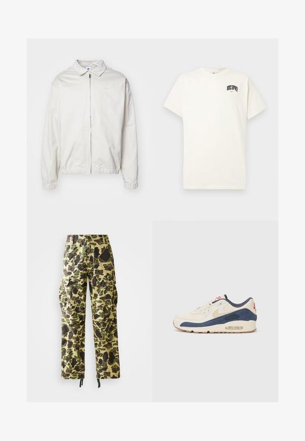 White, lightweight Nike jacket with a collared neckline, front zipper, elastic cuffs, and a small logo on the left chest. Smooth texture.; Cream-colored cotton t-shirt with short sleeves, featuring "NIKE SB" in black and red text on the chest. Standard round neckline.; Men's straight-leg cargo pants with green, brown, and beige camouflage pattern, button closure, side pockets, and drawstring hems.; Sneakers with a cream leather and navy suede upper, featuring a visible air sole, beige rubber outsole, and red accent on the heel.