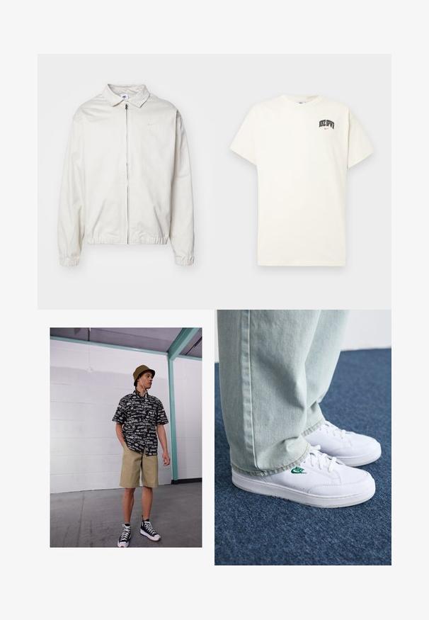 Chaqueta blanca y ligera de Nike con cuello tipo camisa, cremallera frontal, puños elásticos y un pequeño logotipo en el lado izquierdo del pecho. Textura suave.; Camiseta de algodón color crema con mangas cortas, que presenta "NIKE SB" en texto negro y rojo en el pecho. Cuello redondo estándar.; Camisa de manga corta en blanco y negro con patrón de logotipos, pantalones cortos caqui y zapatillas altas negras. Gorra tipo bucket beige y cuerdas visibles.; Zapatillas de cuero blanco con logo de Nike verde, puntera redonda, suela plana, combinadas con pantalones de mezclilla azul claro, sobre una alfombra azul.