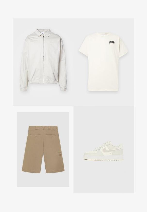 Giacca Nike bianca, leggera, con colletto, zip frontale, polsini elasticizzati e un piccolo logo sul lato sinistro del petto. Texture liscia.; T-shirt in cotone color crema con maniche corte, con la scritta "NIKE SB" in nero e rosso sul petto. Collo tondo standard.; Pantaloni corti marrone chiaro con fronte piatto, due tasche posteriori e una tasca laterale cargo. Realizzati in tessuto di cotone morbido.; Sneakers Nike Air Force 1 bianche con tomaia in pelle liscia, dettagli grigio chiaro, perforazioni sulla punta e suola in gomma testurizzata.