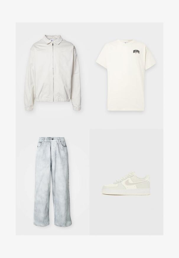 Balta, lengva Nike striukė su apykakle, priekiniais užtrauktuku, elastingomis rankogaliais ir maža logotipu kairiajame krūtinės kampe. Lygus paviršius.; Kremo spalvos medvilninis marškinėlis trumpomis rankovėmis, su "NIKE SB" juodu ir raudonu tekstu ant krūtinės. Standartinė apvali iškirptė.; Šviesiai mėlynos plačios džinsinės kelnės su aukštu liemeniu, priekyje sutvirtinimu su mygtuku ir užtrauktuku, diržo kilputėmis bei priekinėmis ir galinėmis kišenėmis.; Baltos Nike Air Force 1 sportbačiai su lygiu odiniu viršumi, šviesiai pilkomis detalėmis, perforacijomis pirštų srityje ir tekstūruota gumine pado dalimi.