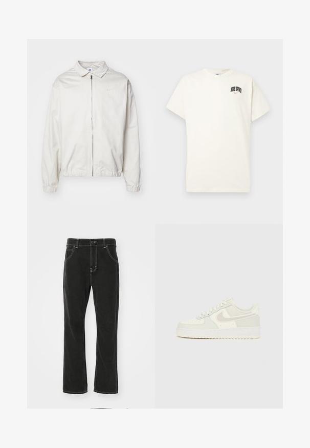 Valge, kerge Nike jakk, milles on krae, ees lukk, elastsed mansetid ja väike logo vasakul rinnal. Sile tekstuur.; Kreemivalge puuvillane t-särk lühikeste varrukatega, millel on rinnal musta ja punase tekstiga "NIKE SB". Tavaline ümmargune kaelus.; Dickies HOUSTON - Sirgete säärtega teksad - black; Valged Nike Air Force 1 tossud, mille pealiskihiks on sile nahk, helehallid aksendid, varbaosas augud ja tekstuuriga kummist tald.
