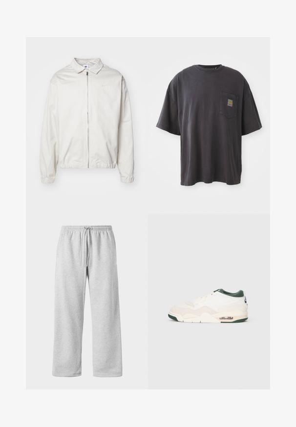Casaco Nike branco e leve, com gola, fecho frontal, punhos elásticos e um pequeno logótipo no lado esquerdo do peito. Textura suave.; T-shirt de algodão preto com mangas curtas, decote redondo e bolso no peito esquerdo com um emblema quadrado. Design simples e sem adornos.; Calças de treino cinza claro com cintura elástica, feitas de uma mistura suave de algodão, apresentando pernas largas e uma textura suave. Sem bolsos visíveis.; Sapatilha com um cabedal em camurça e malha beje claro, detalhes em verde e uma unidade de amortecimento de ar visível no calcanhar. Fecho com atacadores planos.
