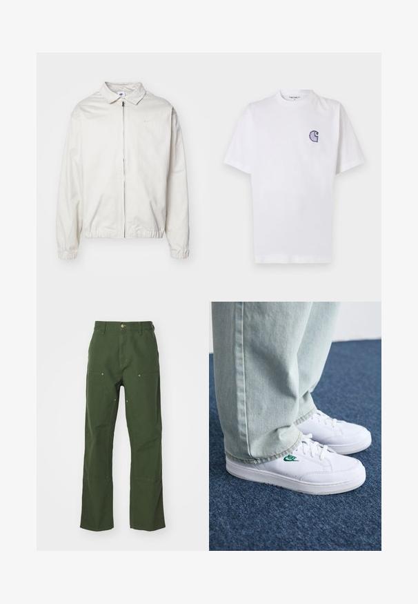 Jachetă Nike albă, ușoară, cu guler, fermoar frontal, manșete elastice și un logo mic pe pieptul stâng. Textură netedă.; Tricou alb din bumbac, cu mâneci scurte, guler rotund și un mic logo brodat albastru "C" pe partea stângă a pieptului.; Pantaloni din bumbac verde cu un design drept, având buzunare frontale și dorsale, accesorii de culoare aurie și petice întărite la genunchi.; Adidași din piele albă cu logo-ul Nike verde, vârf rotund, talpă plată, asortați cu pantaloni din denim bleu deschis, prezentați pe un covor albastru.
