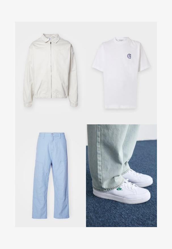 White, lightweight Nike jacket with a collared neckline, front zipper, elastic cuffs, and a small logo on the left chest. Smooth texture.; White cotton t-shirt with short sleeves, round neckline, and a small, embroidered blue "C" logo on the left chest area.; Light blue linen pants with a relaxed fit, featuring patch pockets and visible stitching details. The fabric has a soft, textured appearance.; White leather sneakers with green Nike logo, round toe, flat sole, paired with light blue denim pants, shown on a blue carpet.