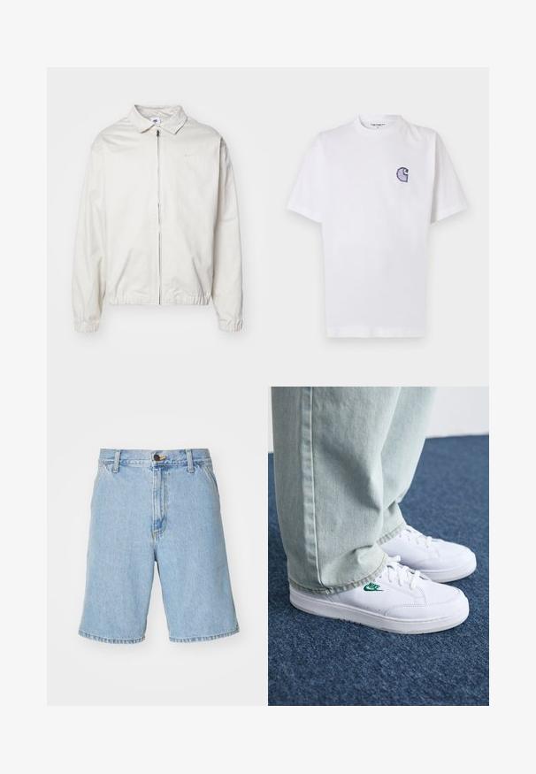 Biała, lekka kurtka Nike z kołnierzykiem, zamek błyskawiczny z przodu, elastycznymi mankietami oraz małym logo na lewej piersi. Gładka faktura.; Biała bawełniana koszulka z krótkimi rękawami, okrągłym dekoltem i małym, niebieskim haftowanym logo "C" na lewej stronie klatki piersiowej.; Jasnoniebieskie szorty denimowe o luźnym kroju, z zipperem, zapięciem na guzik i czterema kieszeniami. Tkanina ma gładką teksturę.; Białe skórzane sneakersy z zielonym logo Nike, okrągły czubek, płaska podeszwa, zestawione z jasnoniebieskimi dżinsami, pokazane na niebieskim dywanie.