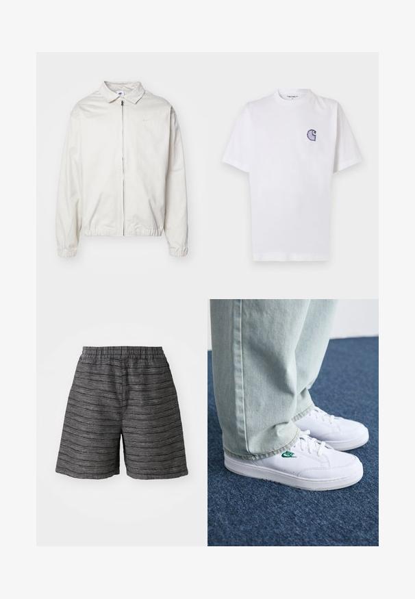 Valge, kerge Nike jakk, milles on krae, ees lukk, elastsed mansetid ja väike logo vasakul rinnal. Sile tekstuur.; Valge puuvillane t-särk lühikeste varrukatega, ümara kaelusega ja vasakul rinnal väike tikitud sinine "C" logo.; Hallid hallid lühikesed püksid elastse vöökohtaga, millel on tekstuuriga kangas ja horisontaalsed triibud. Keskmise reie pikkus ja mugav lõige.; Valged nahast tennisetossud rohelise Nike logo ja ümarate varvastega, lamedate taldadega, koos helesiniste teksapükstega, esitatud sinisel vaibal.