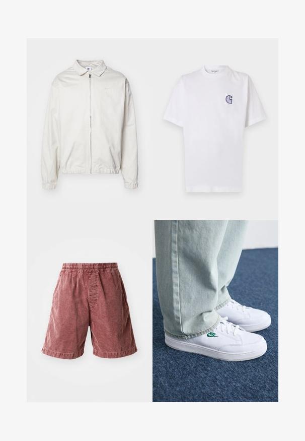 Giacca Nike bianca, leggera, con colletto, zip frontale, polsini elasticizzati e un piccolo logo sul lato sinistro del petto. Texture liscia.; Maglietta bianca in cotone con maniche corte, scollo rotondo e un piccolo logo "C" blu ricamato sul lato sinistro del petto.; Pantaloni corti in cotone color ruggine con elasticità in vita, caratterizzati da una superficie testurizzata e tasche laterali, che terminano appena sopra il ginocchio.; Sneakers in pelle bianca con logo Nike verde, punta rotonda, suola piatta, abbinati a pantaloni in denim azzurro, mostrati su un tappeto blu.