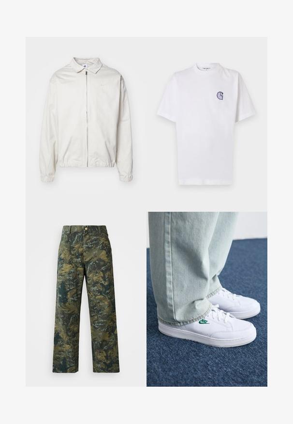 White, lightweight Nike jacket with a collared neckline, front zipper, elastic cuffs, and a small logo on the left chest. Smooth texture.; White cotton t-shirt with short sleeves, round neckline, and a small, embroidered blue "C" logo on the left chest area.; Camo-patterned, olive green wide-leg pants made of cotton, featuring a front button closure, belt loops, and two side pockets.; White leather sneakers with green Nike logo, round toe, flat sole, paired with light blue denim pants, shown on a blue carpet.