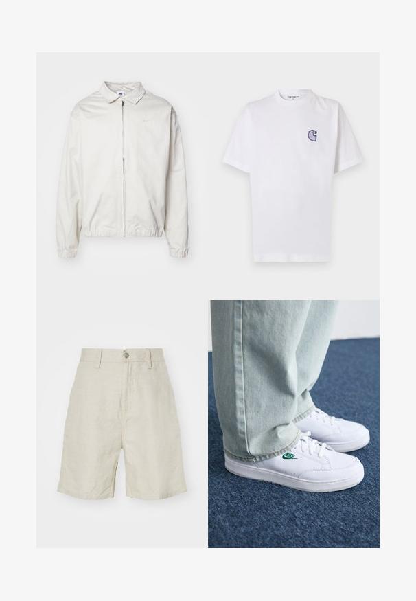 Witte, lichte Nike-jack met een kraag, een rits aan de voorkant, elastische manchetten en een klein logo op de linkerkant van de borst. Glad oppervlak.; Wit katoenen T-shirt met korte mouwen, ronde hals en een klein, geborduurd blauw "C"-logo op het linker borstgebied.; Linnen shorts in lichtbeige, met een hoge taille, knoopsluiting en zijzakken. Gladde textuur met een relaxte pasvorm.; Witte leren sneakers met groen Nike-logo, ronde neus, platte zool, gedragen met lichtblauwe denim broek, weergegeven op een blauwe vloerkleed.