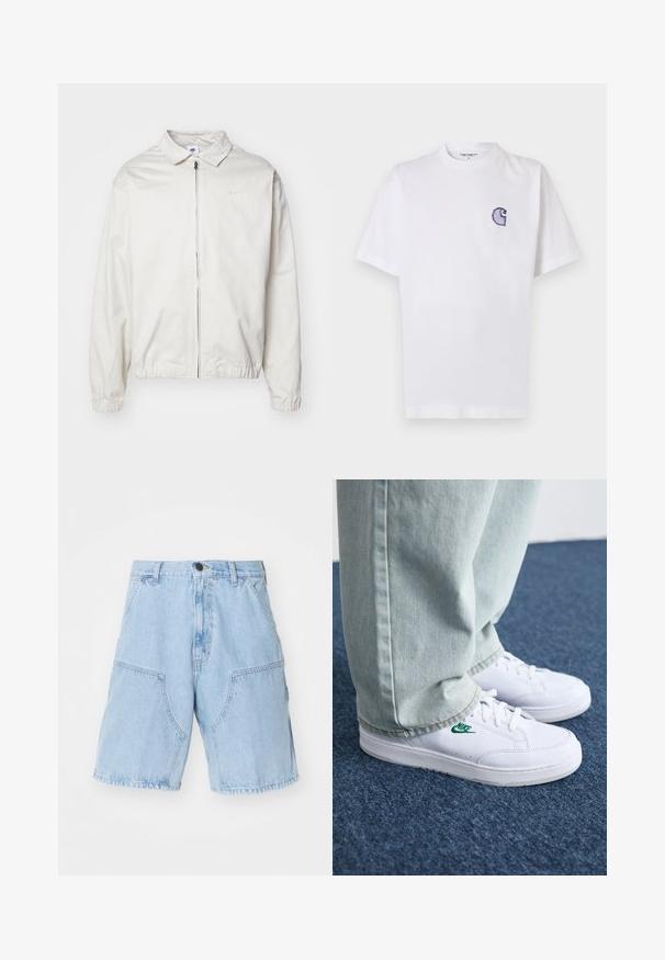 Valge, kerge Nike jakk, milles on krae, ees lukk, elastsed mansetid ja väike logo vasakul rinnal. Sile tekstuur.; Valge puuvillane t-särk lühikeste varrukatega, ümara kaelusega ja vasakul rinnal väike tikitud sinine "C" logo.; Heledad sinise värvi denim lühikesed püksid, millel on lõtv istuvus, kaks suurt esikot hakkingut ja nööbi kinnitamine vööl.; Valged nahast tennisetossud rohelise Nike logo ja ümarate varvastega, lamedate taldadega, koos helesiniste teksapükstega, esitatud sinisel vaibal.