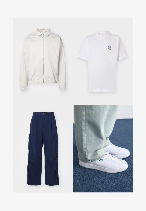 Fehér, könnyű Nike dzseki, galléros nyakkal, elöl cipzárral, elasztikus mandzsettákkal és kis logóval a bal melle részén. Simaszerű textúra.; Fehér pamut póló rövid ujjakkal, kerek nyakkivágással és egy kis, hímzett kék "C" logóval a bal mellrészen.; Sötétkék cargo nadrág, amely pamutból készült és laza fit-et biztosít. Két oldalsó zsebből és gombos derékzárból áll. Sima textúrájú, egyenes lábakkal.; Fehér bőr sportcipők zöld Nike logóval, kerek orral, lapos talppal, világoskék farmernadrággal párosítva, kék szőnyegen bemutatva.