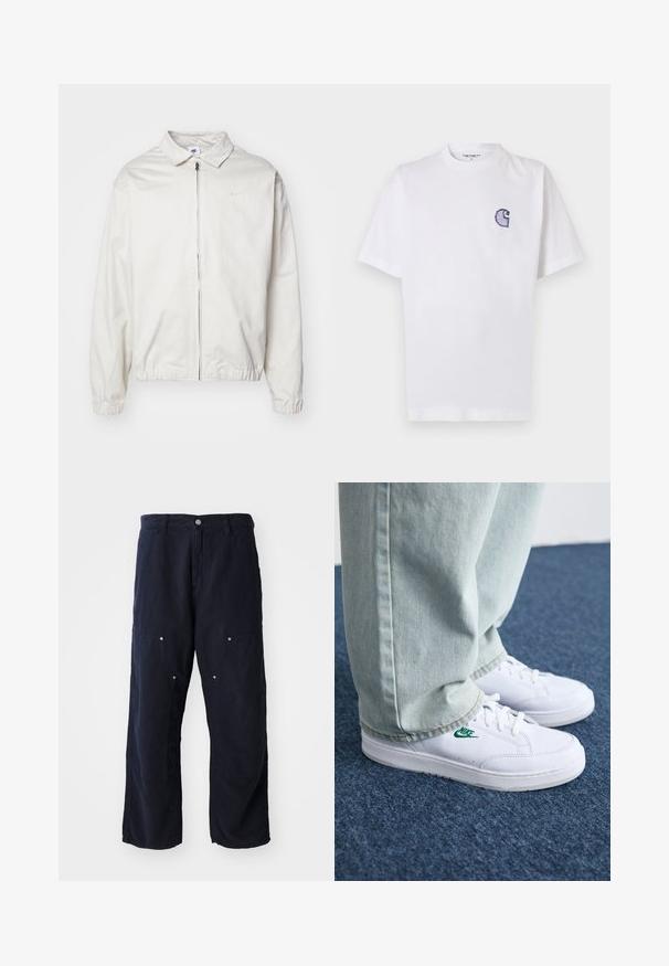 Biała, lekka kurtka Nike z kołnierzykiem, zamek błyskawiczny z przodu, elastycznymi mankietami oraz małym logo na lewej piersi. Gładka faktura.; Biała bawełniana koszulka z krótkimi rękawami, okrągłym dekoltem i małym, niebieskim haftowanym logo "C" na lewej stronie klatki piersiowej.; Granatowe szerokie spodnie wykonane z bawełny o teksturowanym wykończeniu. Posiadają dwie przednie kieszenie z guzikami oraz zapięcie na przód na guzik.; Białe skórzane sneakersy z zielonym logo Nike, okrągły czubek, płaska podeszwa, zestawione z jasnoniebieskimi dżinsami, pokazane na niebieskim dywanie.