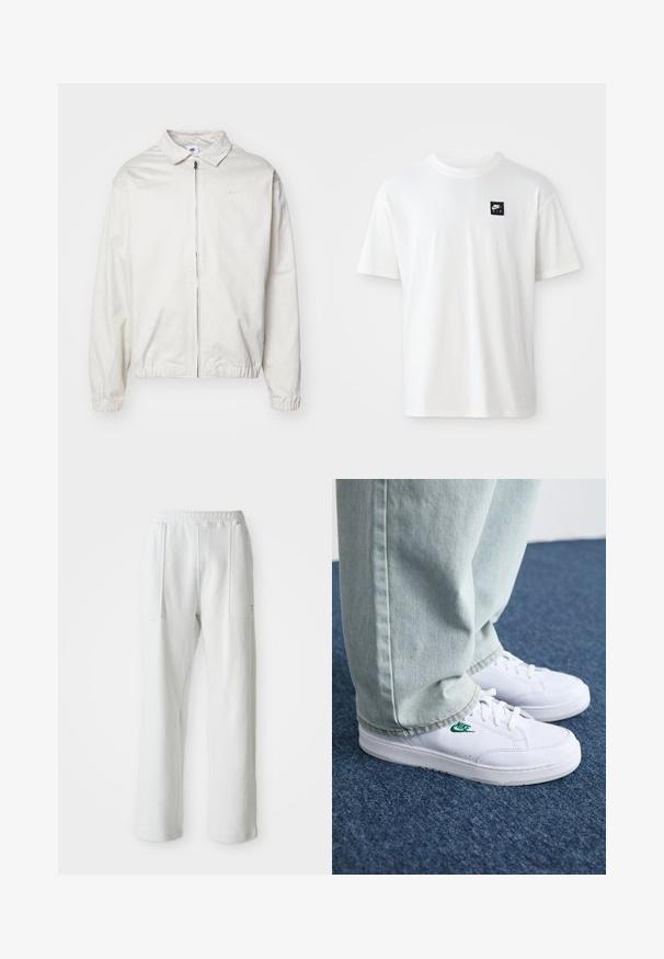 Balta, lengva Nike striukė su apykakle, priekiniais užtrauktuku, elastingomis rankogaliais ir maža logotipu kairiajame krūtinės kampe. Lygus paviršius.; Balta medvilnės marškinėliai su trumpomis rankovėmis ir apvalia iškirpte; ant kairiojo krūtinės puikuojasi mažas juodas stačiakampis "Nike Air" logotipas.; Balti kasualūs keliai su elastinga juosta ir didelėmis priekinių kišenėmis, pavaizduoti ant paprasto šviesaus fono.; Balti odiniai sportbačiai su žaliu Nike logotipu, apvalia nosimi, plokščiu padu, derinami su šviesiai mėlynomis džinsinėmis kelnėmis, rodomi ant mėlynos kiliminės dangos.