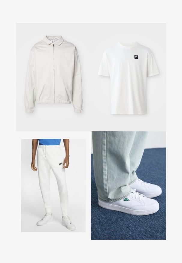 Bela, lahka Nike jakna z ovratnikom, sprednjim zadrgo, elastičnimi manšetami in majhnim logotipom na levem prsnem delu. Gladka tekstura.; Bela bomba iz 100% bombaža s kratkimi rokavi in okroglim izrezom; na levem prsnem delu ima majhen črn pravokotni logotip Nike Air.; Beli atletski joggerji z elastičnim pasom, vrvico in črnim Nike logotipom. Imajo gladko teksturo tkanine in zožene noge.; Bela usnjena športna obutev z zelenim Nike logotipom, okrogla konica, ravna podplat, v kombinaciji z svetlo modrimi kavbojkami, prikazana na modrem preprogu.