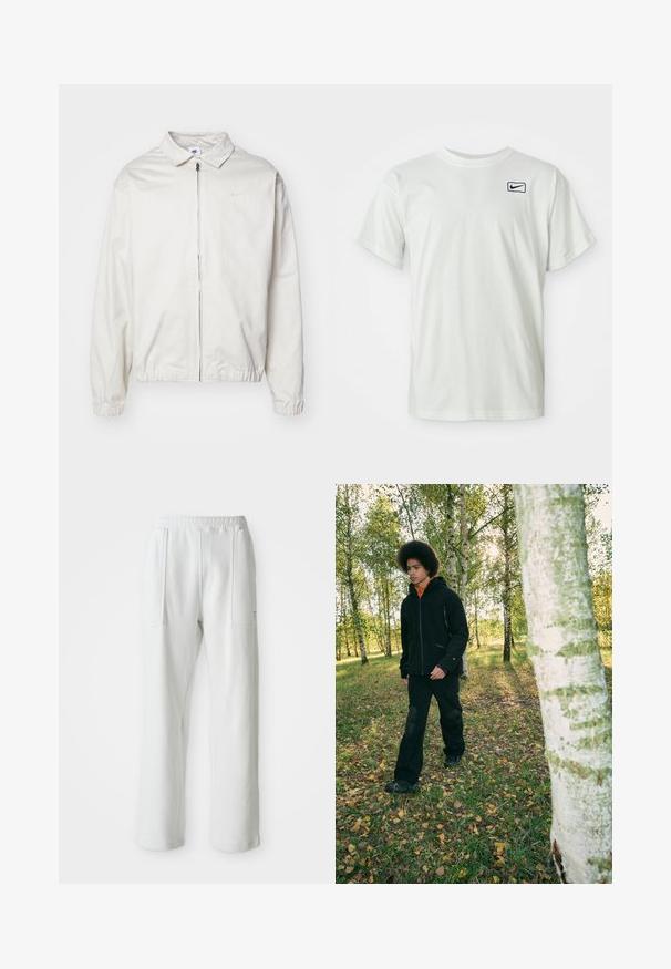 Balta, viegla Nike jaka ar apkakles kaklu, priekšējo rāvējslēdzēju, elastīgām piedurknēm un mazu logotipu kreisajā krūtī. Gluda tekstūra.; Balts kokvilnas T-krekls ar īsām piedurknēm, ar tumši zilu Nike zīmolu izšūtu kreisajā krūtī. Standarta apaļās kakla dizains.; Baltas ikdienas bikses ar elastīgu jostu un lieliem priekšējiem kabatām, attēlotas uz vienkārša gaiša fona.; Melnas zip-up jaka ar kabatām, oranžs iekšējais slānis, melni bikses ar teksturētiem ceļgaliem, staigājot pa zālāju starp bērziem.