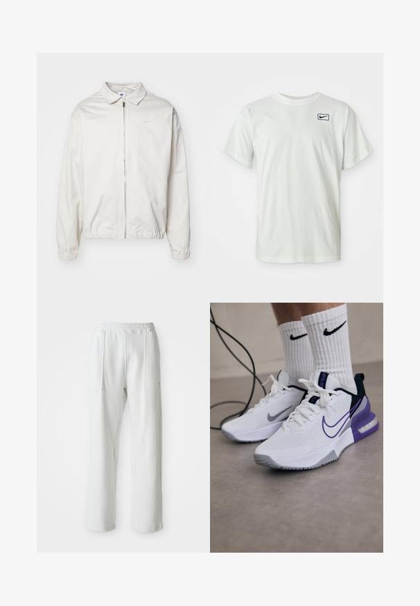 Valge, kerge Nike jakk, milles on krae, ees lukk, elastsed mansetid ja väike logo vasakul rinnal. Sile tekstuur.; Valge puuvillane T-särk lühikeste varrukatega, mille vasakul rinnal on sinine Nike logo tikand. Tavaline ümmargune kaelus.; Valged juhuslikud püksid elastse vöökoha ja suurte esipastalaukudega, esitatud ühe lihtsa heleda tausta taustal.; Valged sportkingad, millel on võrgust ülemine osa, lillad aktsendid ja hall tald. Kantud valgete ribak sukkadega, millel on must logo. Lähistööl on nöör.