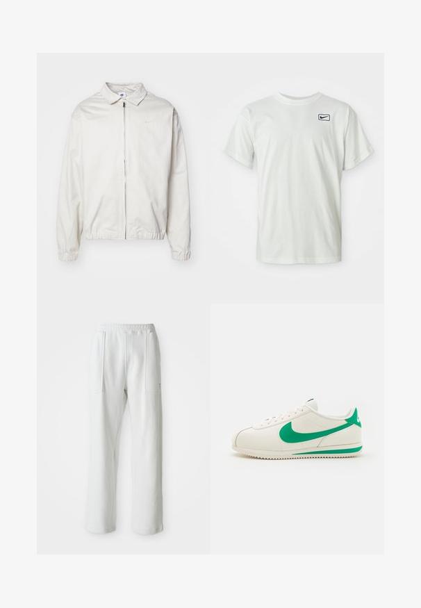Casaco Nike branco e leve, com gola, fecho frontal, punhos elásticos e um pequeno logótipo no lado esquerdo do peito. Textura suave.; T-shirt branca de algodão com manga curta, apresentando o logótipo preto da Nike na zona do peito esquerdo. Design com gola redonda, textura suave.; Calças brancas casuais com um cós elástico e grandes bolsos frontais, exibidas sobre um fundo claro e liso.; Nike Sportswear CORTEZ LEATHER - Sapatilhas - sail/stadium green