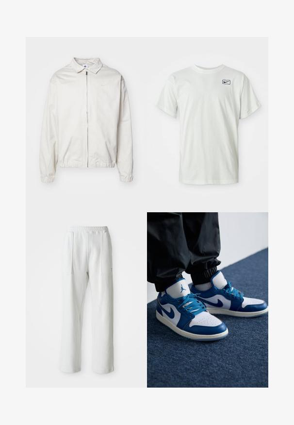 Fehér, könnyű Nike dzseki, galléros nyakkal, elöl cipzárral, elasztikus mandzsettákkal és kis logóval a bal melle részén. Simaszerű textúra.; Fehér pamut póló rövid ujjakkal, az elasztikus bal mellrészen hímzett sötétkék Nike logóval. Szabványos, kerek nyakú dizájn.; Fehér, laza nadrág, elasztikus derékpánttal és nagy elülső zsebekkel, egy egyszerű, világos háttéren kiemelve.; A Nike Air Jordan tornacipők fehér bőr alapja kék szintetikus elemekkel, perforált orr résszel és kék fűzőkkel rendelkezik.