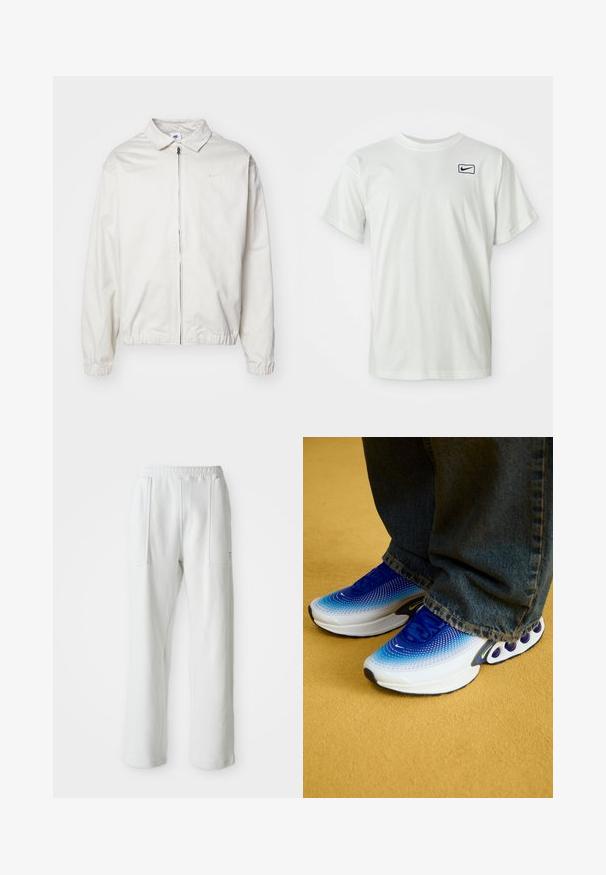 Balta, viegla Nike jaka ar apkakles kaklu, priekšējo rāvējslēdzēju, elastīgām piedurknēm un mazu logotipu kreisajā krūtī. Gluda tekstūra.; Balta kokvilnas t-krekls ar īsām piedurknēm, uz kreisās krūšu daļas melns Nike logotips. Apaļš kakla izgriezums, gluda tekstūra.; Baltas ikdienas bikses ar elastīgu jostu un lieliem priekšējiem kabatām, attēlotas uz vienkārša gaiša fona.; Sporta apavi ar gradientu zilu un baltu acu sietu, mīksto apkakli un izteiksmīgu zoli ar apaļiem akcentiem. Valkāti kopā ar džinsu biksēm.