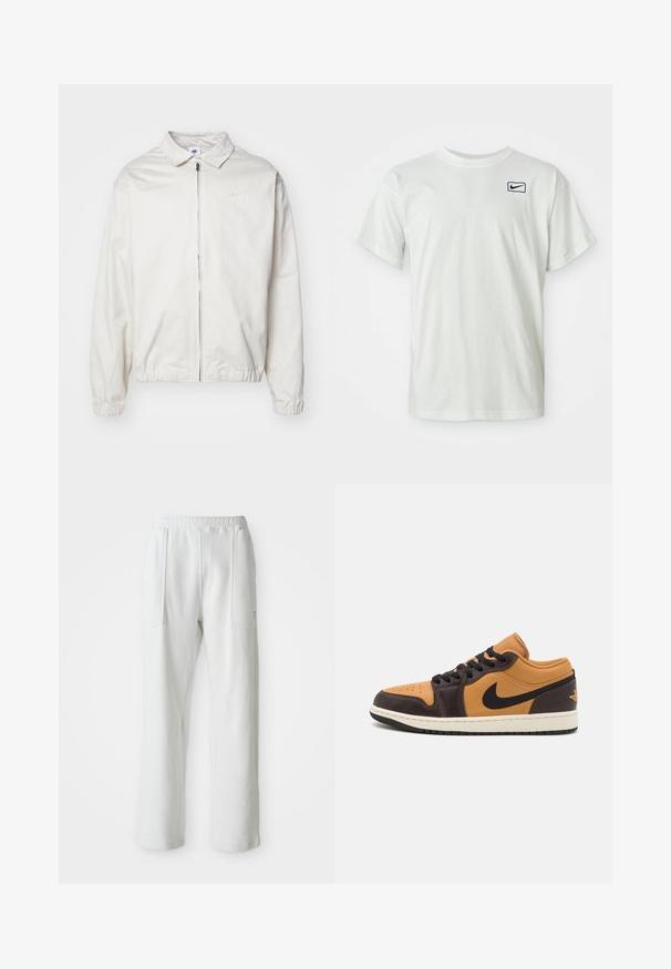 Balta, viegla Nike jaka ar apkakles kaklu, priekšējo rāvējslēdzēju, elastīgām piedurknēm un mazu logotipu kreisajā krūtī. Gluda tekstūra.; Balta kokvilnas t-krekls ar īsām piedurknēm, uz kreisās krūšu daļas melns Nike logotips. Apaļš kakla izgriezums, gluda tekstūra.; Baltas ikdienas bikses ar elastīgu jostu un lieliem priekšējiem kabatām, attēlotas uz vienkārša gaiša fona.; Zemas tenisa kurpes ar brūnas ādas augšu, tumši brūniem akcentiem, melnu "swoosh" logo un kontrastējošu krēma krāsas starpsoli.