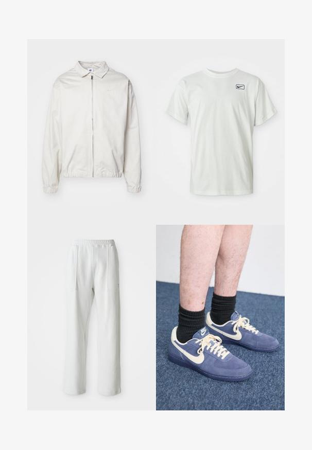 Casaco Nike branco e leve, com gola, fecho frontal, punhos elásticos e um pequeno logótipo no lado esquerdo do peito. Textura suave.; Camiseta branca de algodão com mangas curtas, apresentando um logotipo da Nike bordado em azul-marinho no lado esquerdo do peito. Design padrão de gola redonda.; Calças brancas casuais com um cós elástico e grandes bolsos frontais, exibidas sobre um fundo claro e liso.; Sapatilhas Nike com parte superior em camurça azul escura e detalhes em creme. Apresentam atacadores planos, bico arredondado e sola de borracha. Meias pretas caneladas usadas.