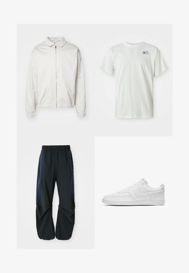 Chaqueta blanca y ligera de Nike con cuello tipo camisa, cremallera frontal, puños elásticos y un pequeño logotipo en el lado izquierdo del pecho. Textura suave.; Camiseta de algodón blanca de manga corta, con un logo de Nike en azul marino bordado en el lado izquierdo del pecho. Diseño estándar de cuello redondo.; Pantalones de exterior negros con un corte relajado, que cuentan con una cinturilla elástica, paneles laterales en color marino y bolsillos con cremallera a ambos lados.; Zapatillas bajas de cuero blanco con puntera perforada, laterales texturizados y suela de goma lisa. Presentan un diseño minimalista y detalles de costura.