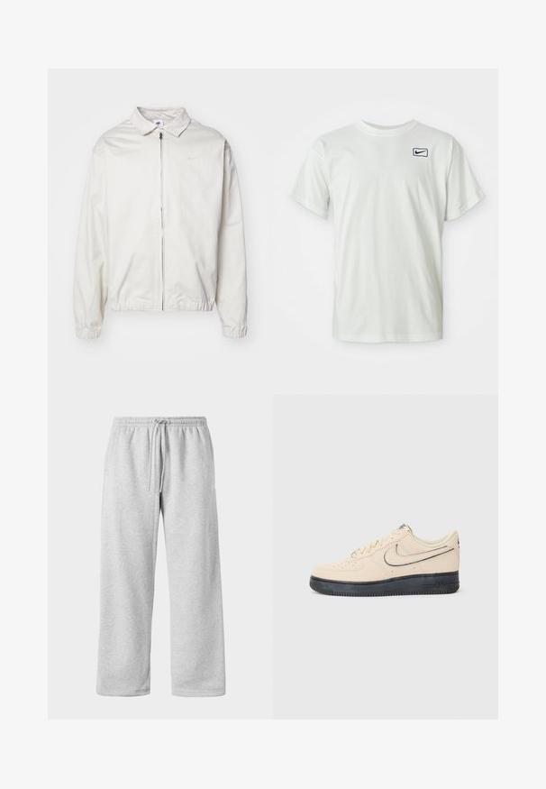 Fehér, könnyű Nike dzseki, galléros nyakkal, elöl cipzárral, elasztikus mandzsettákkal és kis logóval a bal melle részén. Simaszerű textúra.; Fehér pamut póló rövid ujjakkal, az elasztikus bal mellrészen hímzett sötétkék Nike logóval. Szabványos, kerek nyakú dizájn.; Világosszürke melegítőnadrág, zsinóros derékkal, puha pamut keverékből készült, széles lábakkal és sima felülettel. Zsebek nincsenek láthatóan.; Beige velúr Nike Air Force 1 cipő fekete gumitalppal, varrott részletekkel, perforált orral és kiemelkedő swoosh logóval.