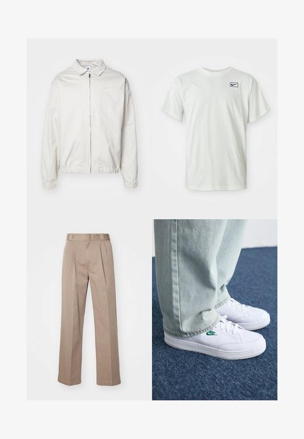 Vit, lättvikts Nike-jacka med krage, dragkedja framtill, elastiska ärmslut och en liten logotyp på vänster bröst. Slät textur.; Vit bomullströja med kort ärm, med en marinblå Nike-logotyp broderad på vänster bröst. Standard design med rundad hals.; Beiga, högmidjade byxor med vida ben. Har två frontveck och en slät yta. Standardlängd med en ren finish.; Vita lädersneakers med grön Nike-logga, rund tå, platt sula, kombinerade med ljusblå denimbyxor, visade på en blå matta.