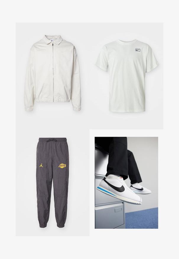 Balta, viegla Nike jaka ar apkakles kaklu, priekšējo rāvējslēdzēju, elastīgām piedurknēm un mazu logotipu kreisajā krūtī. Gluda tekstūra.; Balts kokvilnas T-krekls ar īsām piedurknēm, ar tumši zilu Nike zīmolu izšūtu kreisajā krūtī. Standarta apaļās kakla dizains.; Nike Performance NBA LOS ANGELES LAKERS JORDAN PANT - Klubu apģērbs - medium ash/purple smoke; Baltas ādas sporta apavi ar melnu Nike zīmi, gaiši zilu un pelēku gumijas zoli un klasisku auklu dizainu. Kājām atpūšoties uz dokumentu skapja.