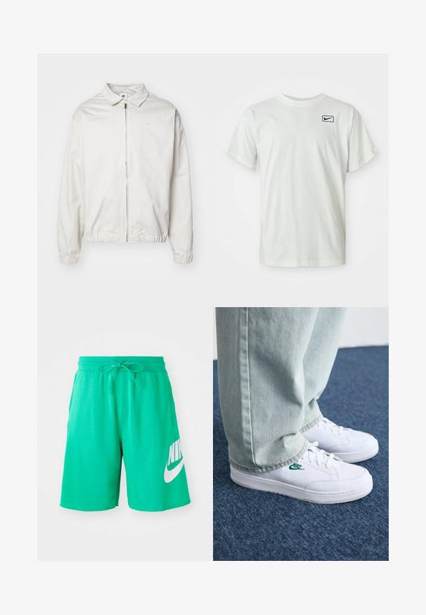 Jachetă Nike albă, ușoară, cu guler, fermoar frontal, manșete elastice și un logo mic pe pieptul stâng. Textură netedă.; Tricou alb din bumbac, cu mâneci scurte, având un logo Nike negru pe partea stângă a pieptului. Design cu gât rotund, textură netedă.; Shorts verzi din bumbac cu talie elastică, șnur de ajustare și un logo Nike alb mare pe coapsa stângă. Textură netedă, lungime până la genunchi.; Adidași din piele albă cu logo-ul Nike verde, vârf rotund, talpă plată, asortați cu pantaloni din denim bleu deschis, prezentați pe un covor albastru.