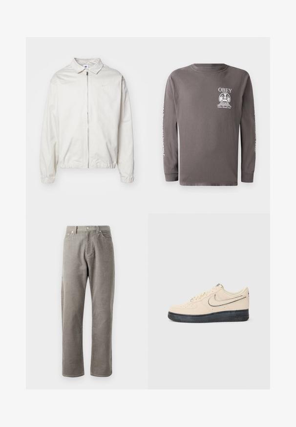 White, lightweight Nike jacket with a collared neckline, front zipper, elastic cuffs, and a small logo on the left chest. Smooth texture.; Gray long-sleeve cotton t-shirt with a round neck. Front features "OBEY" logo and graphic; right sleeve has white text accent.; Gray corduroy pants with straight-leg cut, featuring a high waistband, front pockets, and subtle vertical ribbed texture.; Beige suede Nike Air Force 1 sneaker with a black rubber sole, stitched accents, perforated toe, and a prominent swoosh logo.