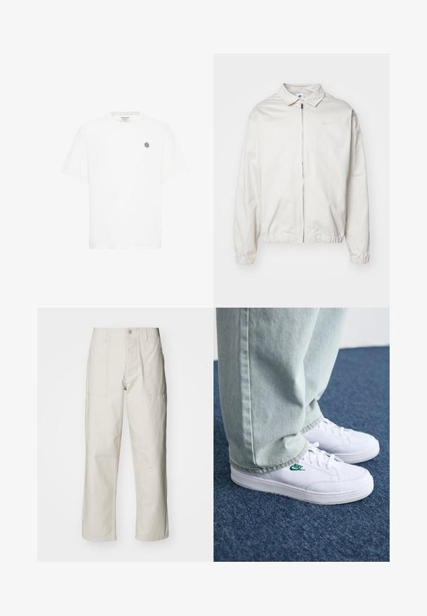 White, lightweight Nike jacket with a collared neckline, front zipper, elastic cuffs, and a small logo on the left chest. Smooth texture.; White short-sleeve t-shirt featuring a round neckline and a small grey geometric logo on the left chest. Made from soft cotton material.; Light beige wide-leg pants made of cotton. Features front pockets and a button closure. Smooth texture with subtle vertical lines.; White leather sneakers with green Nike logo, round toe, flat sole, paired with light blue denim pants, shown on a blue carpet.