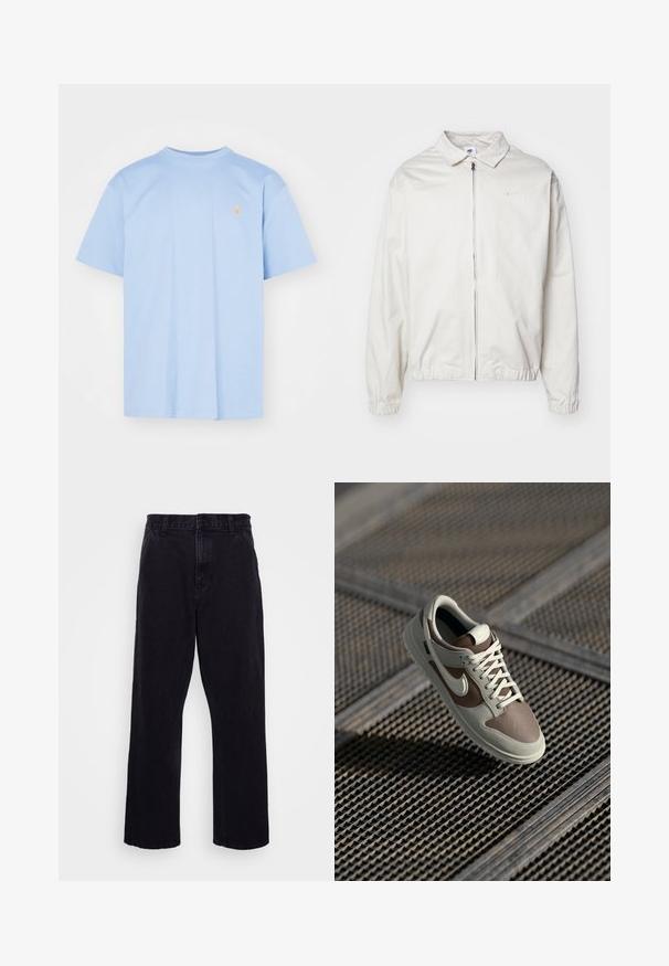 Giacca Nike bianca, leggera, con colletto, zip frontale, polsini elasticizzati e un piccolo logo sul lato sinistro del petto. Texture liscia.; T-shirt in cotone azzurro chiaro con maniche corte, scollatura rotonda e piccolo logo ricamato arancione sul petto. Design semplice e privo di decorazioni.; Pantaloni in denim nero con design a gamba dritta, dotati di chiusura con bottone e zip, passanti per cintura e dettagli di cucitura minimi.; Sneaker Nike con tomaia in pelle beige e marrone, lacci bianchi, punta perforata e suola in gomma con grip testurizzato.