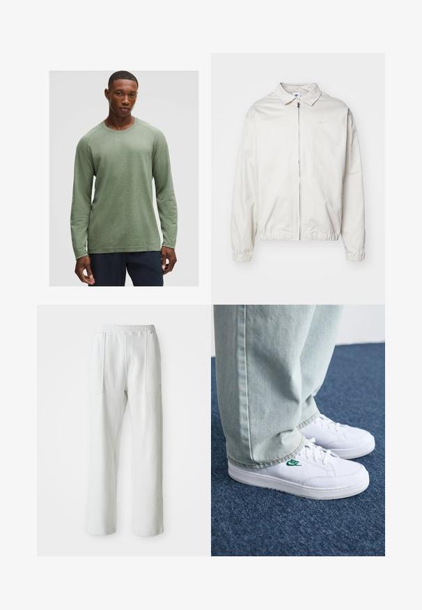 Fehér, könnyű Nike dzseki, galléros nyakkal, elöl cipzárral, elasztikus mandzsettákkal és kis logóval a bal melle részén. Simaszerű textúra.; Hosszú ujjú, tompa zöld ing, texturált mintával, kerek nyakkivágással és raglánujjakkal, puha, könnyű anyagból készült.; Fehér, laza nadrág, elasztikus derékpánttal és nagy elülső zsebekkel, egy egyszerű, világos háttéren kiemelve.; Fehér bőr sportcipők zöld Nike logóval, kerek orral, lapos talppal, világoskék farmernadrággal párosítva, kék szőnyegen bemutatva.