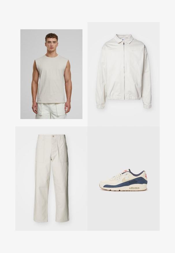 Hvit, lett Nike-jakke med kragehals, glidelås foran, elastiske mansjetter og en liten logo på venstre bryst. Glatt tekstur.; Urban Classics OPEN EDGE SLEEVELESS - Topper - cloud; Lyse beige vide bukser laget av bomull. Har frontlommer og knappelukking. Jevn tekstur med subtile vertikale linjer.; Sko med overdel i kremfarget lær og marineblå semsket skinn, med synlig luftsåle, beige gummisåle og rød detalj på hælen.