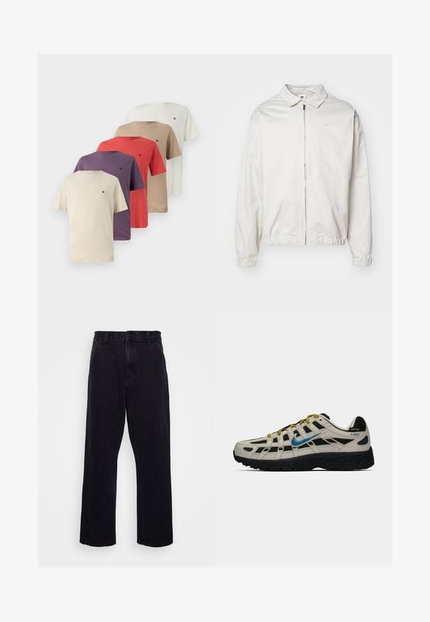 Hvit, lett Nike-jakke med kragehals, glidelås foran, elastiske mansjetter og en liten logo på venstre bryst. Glatt tekstur.; Sett med fem t-skjorter med korte ermer i beige, lilla, rød, brun og hvit, med en liten logo på venstre bryst. Laget av bomull, med rund hals.; Sorte denimbukser med rett ben-design, med knapp- og glidelås-lukking, beltehemper og minimale sømdetaljer.; Beige og svart Nike P-6000 sneakers med blå swoosh, gule lisser, svart såle og Cordura-stoffetikett på hælen.