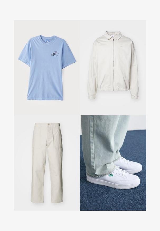 White, lightweight Nike jacket with a collared neckline, front zipper, elastic cuffs, and a small logo on the left chest. Smooth texture.; Light blue short-sleeve T-shirt made of cotton, featuring a small black logo with colorful dots on the left chest area. Classic crew neck design.; Light beige wide-leg pants made of cotton. Features front pockets and a button closure. Smooth texture with subtle vertical lines.; White leather sneakers with green Nike logo, round toe, flat sole, paired with light blue denim pants, shown on a blue carpet.