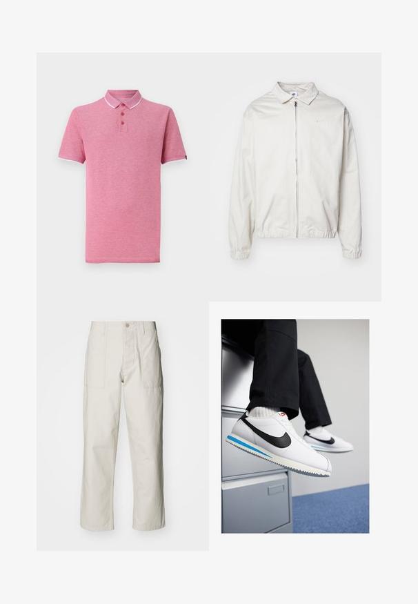 Hvit, lett Nike-jakke med kragehals, glidelås foran, elastiske mansjetter og en liten logo på venstre bryst. Glatt tekstur.; Rosa polo skjorte med korte ermer, ribbet krage, tre-knaps placket og kontrasterende hvite detaljer på kragen og ermene.; Lyse beige vide bukser laget av bomull. Har frontlommer og knappelukking. Jevn tekstur med subtile vertikale linjer.; Hvite lær sneakers med en svart Nike swoosh, lys blå og grå gummisåle, og klassisk snøring. Føttene hviler på et arkivskap.