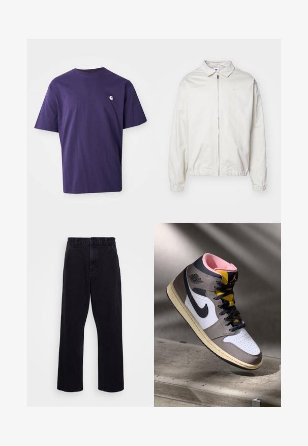 Biela, ľahká bunda Nike s golierom, predným zipsom, elastickými manžetami a malým logom na ľavej strane hrudníka. Hladká textúra.; Mauve bavlnené tričko s okrúhlym výstrihom, krátkymi rukávmi a malým bielym logom na ľavej hrudi. Hladká textúra, voľný strih.; Čierne džínsy s rovného strihu, ktoré majú zapínanie na gombík a zips, pútka na opasok a minimálne švy.; Biele, šedé a čierne vysoké tenisky Nike Air Jordan s ružovým interiérom a žltým jazykom, umiestnené na betónovom povrchu.